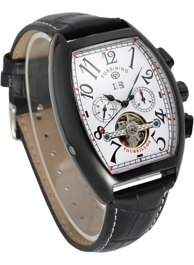FORSINING Men's Automatic Self-Winding Rectangle Watch Calendar Genuine Leather Strap Tourbillon Watch - Image 5